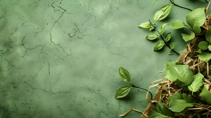 Close-up of Green Leaves and Natural Materials on a Textured Background for Eco-Friendly Themes