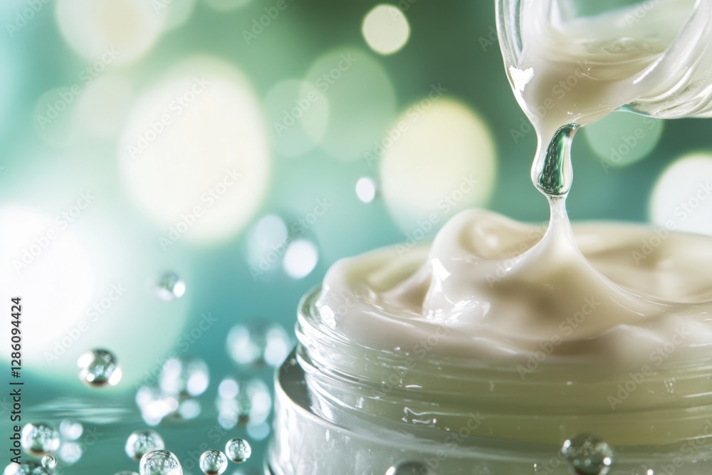 Poster creamy moisturizer drizzles into a jar surrounded by soft bokeh lights on a serene evening. generati