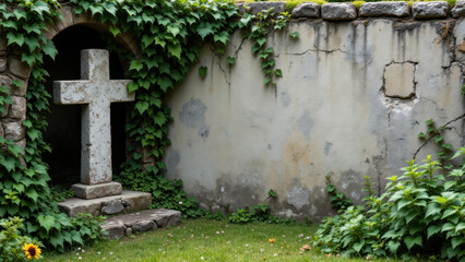 A weathered stone wall with a large cross and an arched entrance leading to steps within a churchyard.
