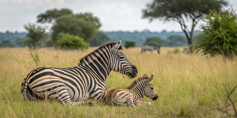 A mother zebra lounges in the tall grass alongside her young calf. They enjoy a peaceful moment together in the savannah, surrounded by trees and distant zebras