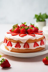 Layered strawberry cream cake with fluffy sponge cake, rich whipped cream, and fresh strawberries on top and between the layers. Vertical, side view.