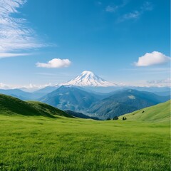 Fototapeta premium Breathtaking Landscape with Snow-Capped Mountain and Lush Green Hills under Clear Blue Sky