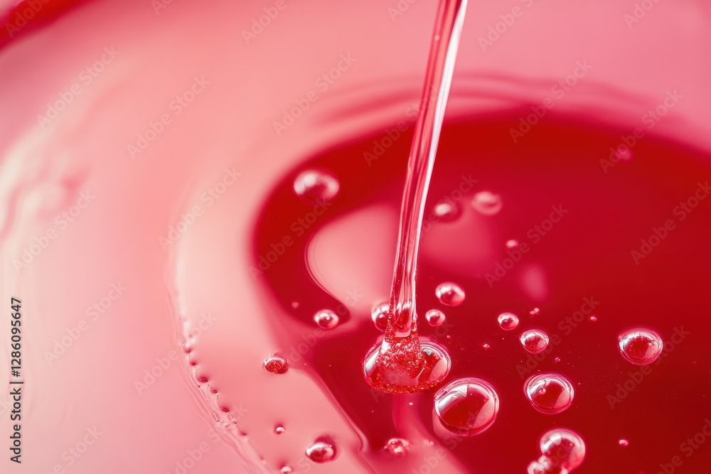 Poster vibrant crimson liquid cascading into a shimmering pool, creating bubbles and ripples during a seren