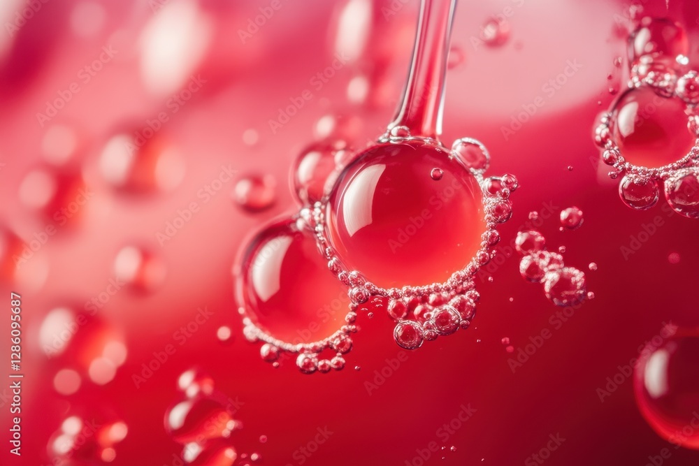 Poster bubbles and droplets dance in a vibrant red liquid under soft light, creating an abstract and mesmer