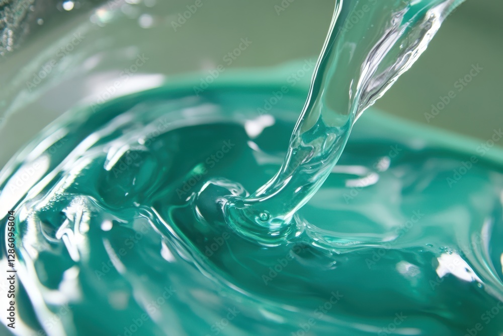 Poster vivid turquoise fluid swirls mesmerizingly in a glass container during an art creation process. gene
