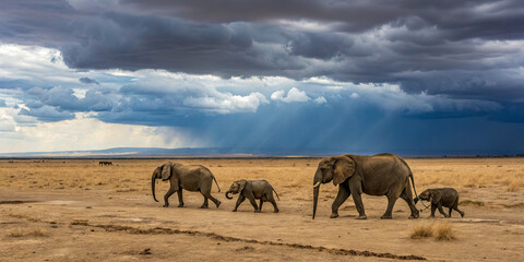 A family of elephants moves steadily across the dry grassland beneath dark clouds, showcasing the beauty of wildlife in their natural habitat during a late afternoon