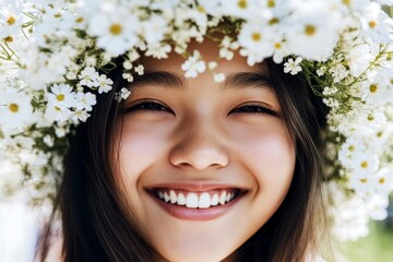 Naklejka premium Happy asian teenager girl wearing white flower crown on her head. Sunny daylight. Happy sunny days symbol. Little adventurer in a floral wonderland. Girl enjoying summer holidays.