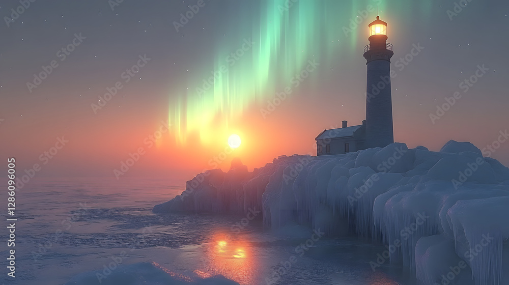 Poster lighthouse under aurora: a stoic lighthouse stands watch under a mesmerizing display of the aurora b
