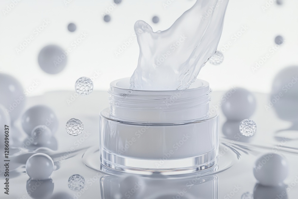 Poster Creating a smooth and refreshing skincare experience with a luxurious cream jar and visually appealing texture. Generative AI