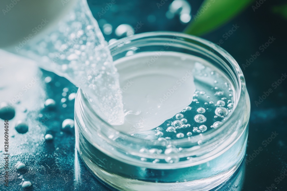 Poster refreshing gel being poured into a clear container surrounded by sparkling droplets in a serene sett