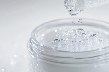 Bubbles cascade from a dropper into a clear glass jar, highlighting the beauty of liquid texture and scientific exploration. Generative AI