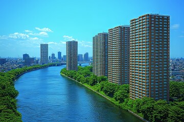 Illustration of a high-rise apartment in Tokyo in anime style
