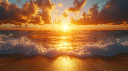 Fototapeta premium Golden sunset over ocean waves crashing on shore