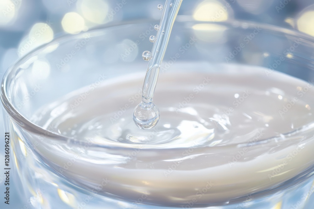 Poster drop of fluid creating ripples in a clear glass container under soft, luminous lighting. generative 