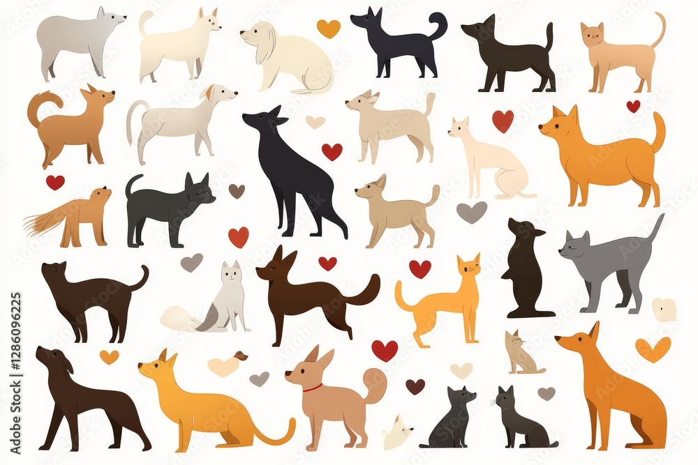 Poster seamless pattern of various dog and cat silhouettes in different poses with a modern flat design aes