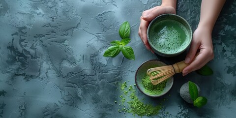 Matcha tea accessories, matcha powder bowl, matcha wooden spoon, matcha wooden whisk, matcha green tea preparation accessories. Matcha green tea, Japanese tea with matcha