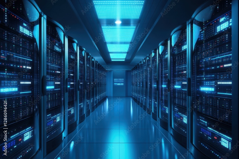 Aufkleber exploring the depths of a modern data center illuminated by vibrant blue lights and filled with powe