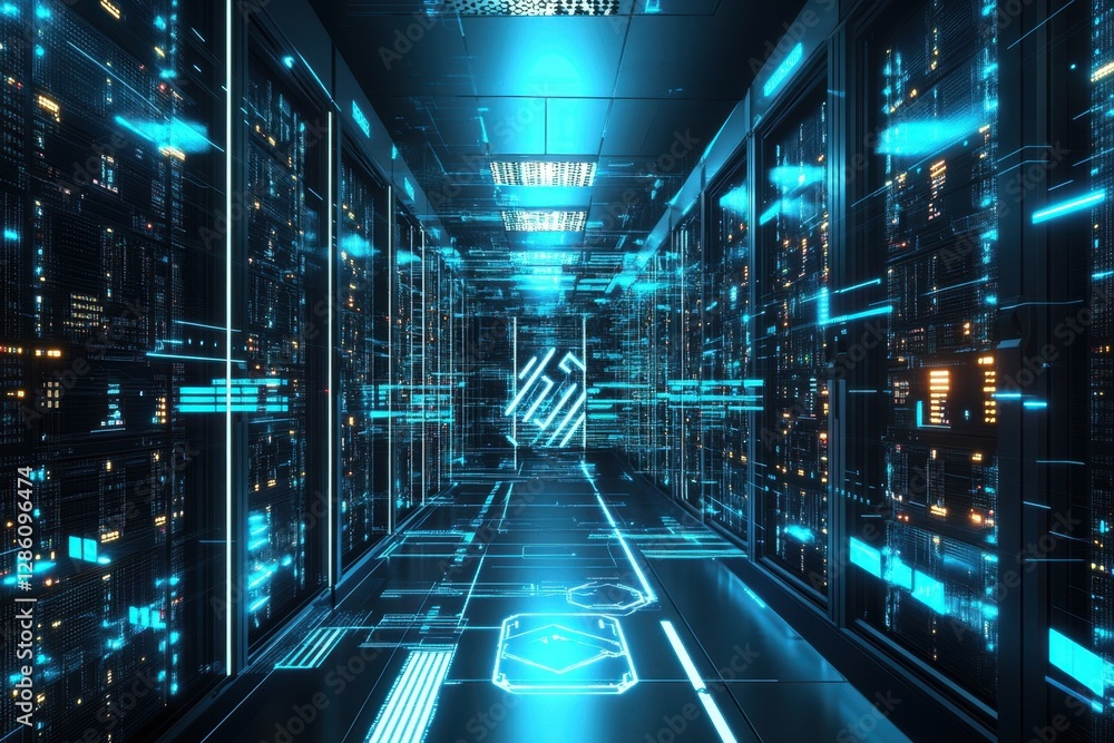 Poster futuristic corridor illuminated by glowing blue lines and digital displays in a high-tech data cente