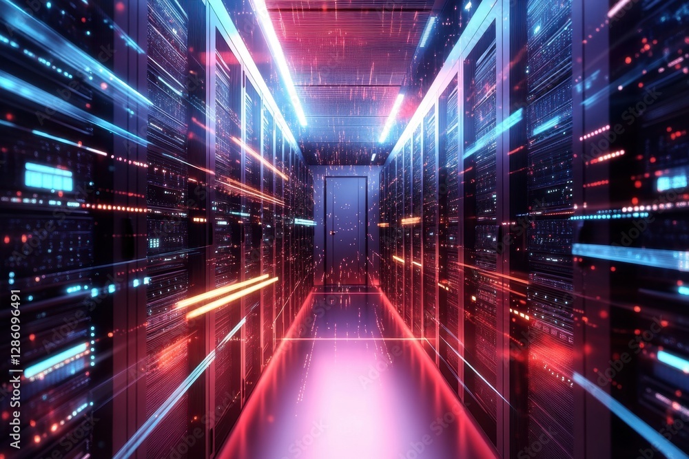 Poster vibrant corridor of a futuristic data center illuminated by neon lights with high-tech servers linin