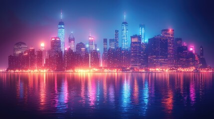 Neon Lit Cityscape Reflecting on Calm Water at Night