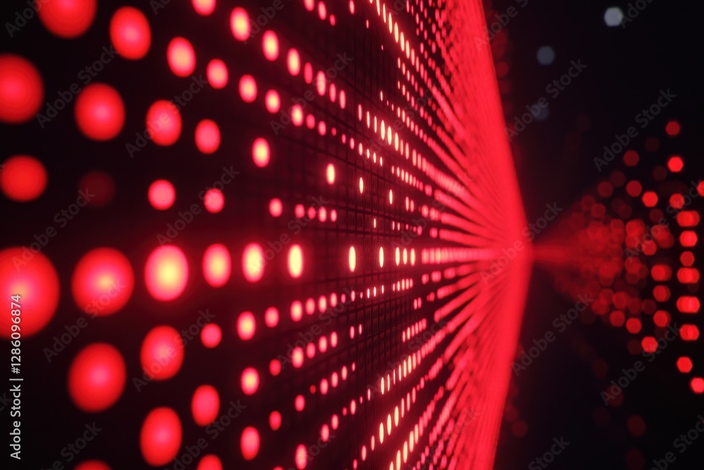 Poster vibrant red light display creates a mesmerizing tunnel effect in an artistic digital installation. g