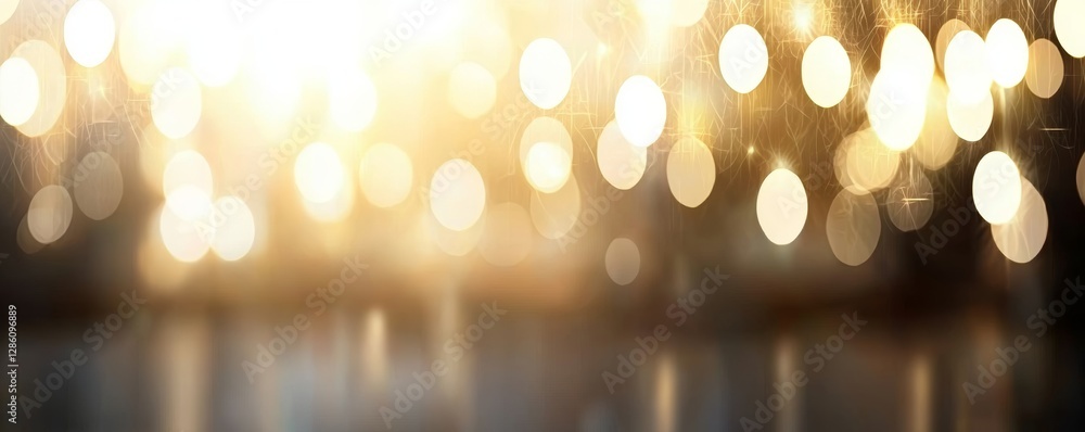 Poster wide banner format capturing a defocused festive christmas scene with sparkling golden lights and ro