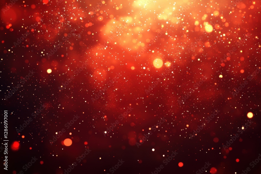 Poster dazzling red and gold particles dance in shimmering light during a captivating celebration of warmth