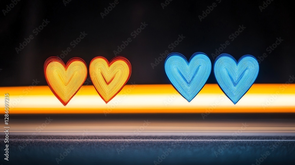 Poster three small glowing heart symbols in yellow blue and orange placed on a reflective surface in a mood