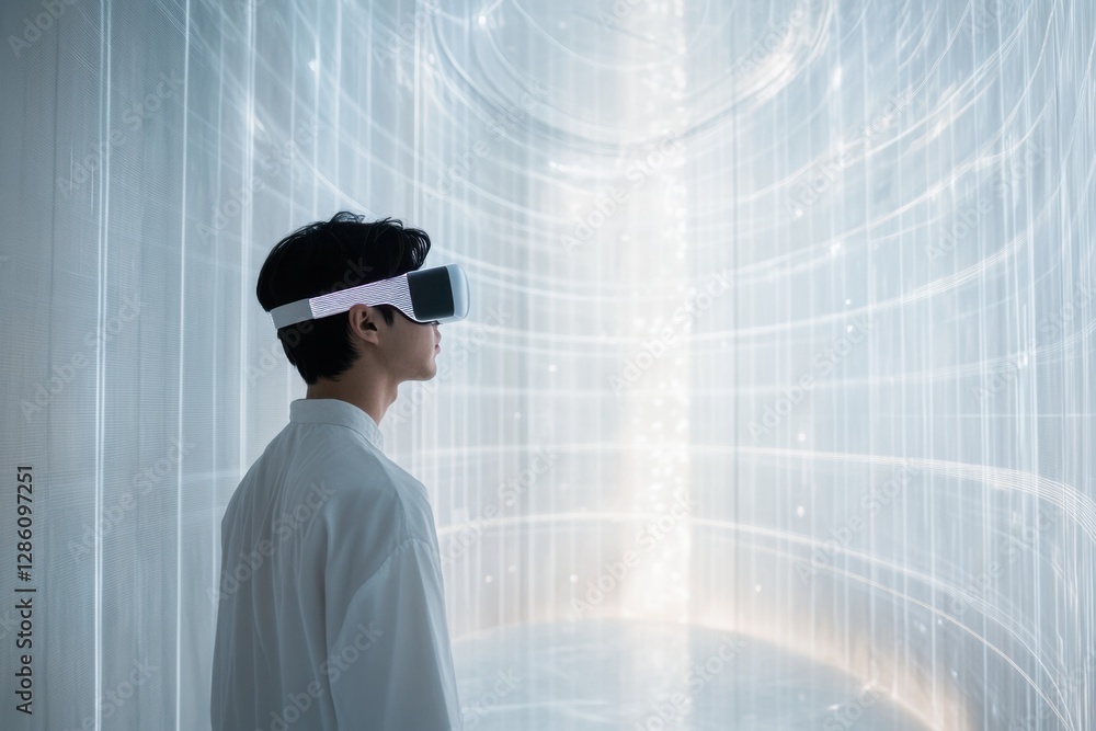 Poster exploring new dimensions in virtual reality while immersed in a luminous digital landscape at an urb