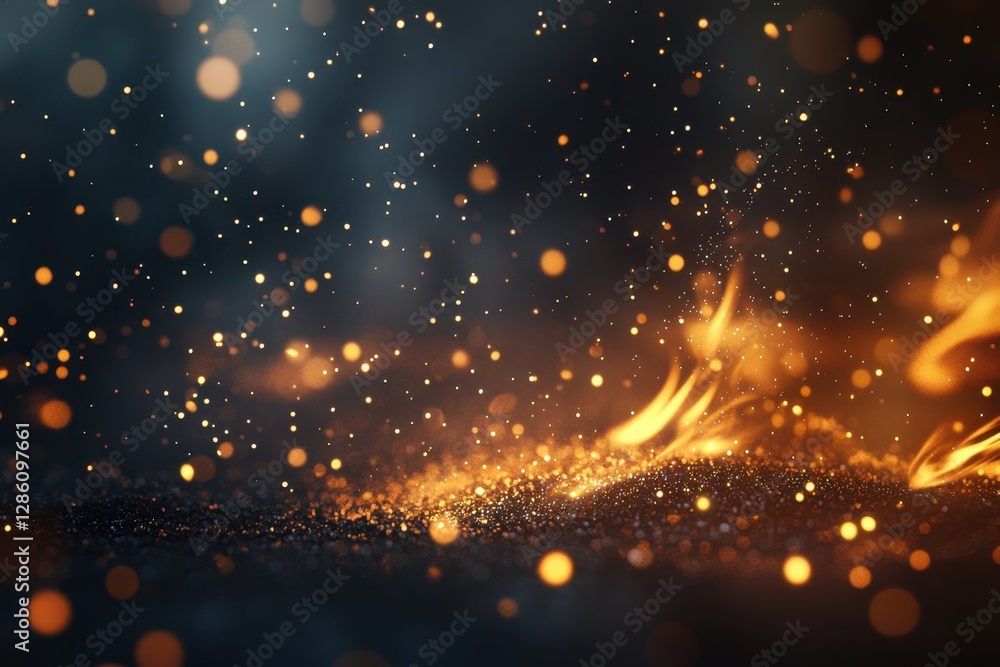 Poster dancing flames and shimmering sparks create a mesmerizing spectacle of light and warmth in a dimly l