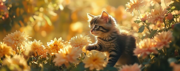 Adorable kitten playing in a sunlit garden among blooming flowers, enjoying the warm golden light.