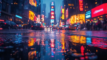 Fototapeta premium Rainy Night Cityscape Neon Lights Reflection