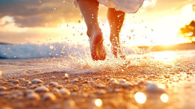 A person dancing barefoot on the beach at sunset. Generative AI