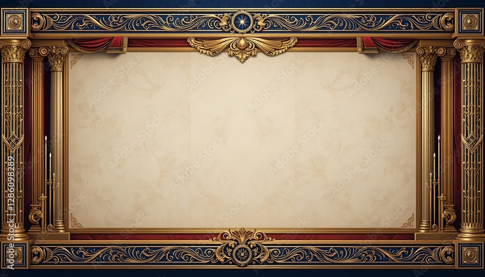 Poster Elegant Golden Frame with Columns and Red Drapery on Beige Background