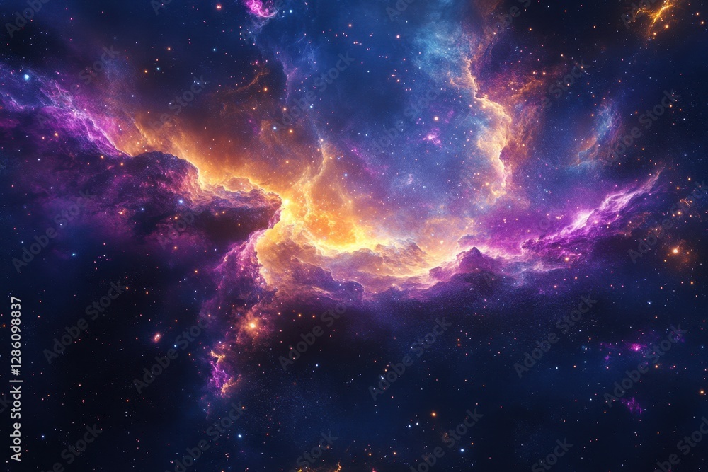 Poster majestic cosmic nebula illuminated by vibrant hues in a stunning display of light and color across t