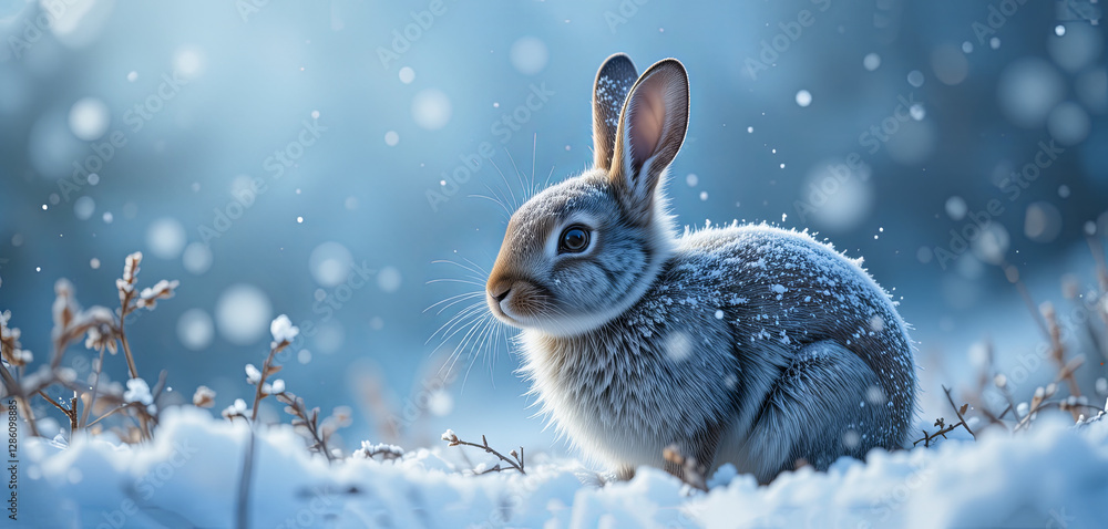 Poster a small rabbit sits quietly in a snowy field. snowflakes fall softly around it, creating a calm wint