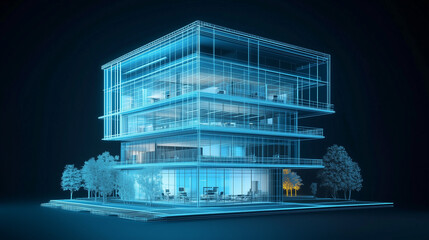 Three-story architectural building model with blueprint design, isometric view, white lines on dark blue background, 3D rendering with glass material, side lighting at 45 degrees, high resolution and 