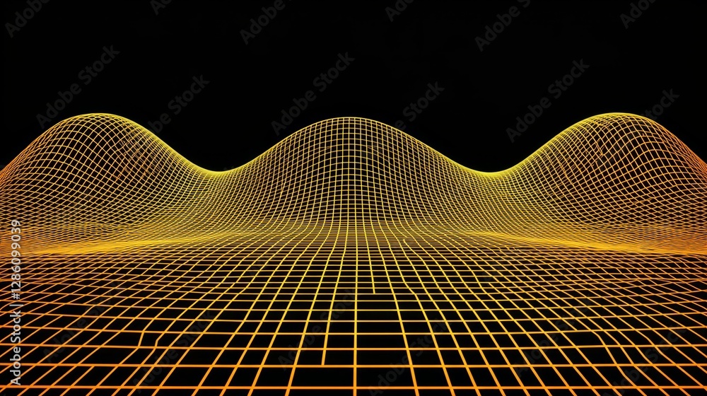 Poster dynamic wave composed of connected dots and lines against a dark backdrop, characterized by a wave o