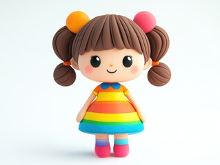 Colorful Cartoon Girl with Pigtails and Rainbow Dress