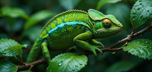 A vibrant chameleon rests on a thick branch surrounded by dark green leaves. Water droplets glisten on the leaves, catching sunlight, creating a serene tropical atmosphere