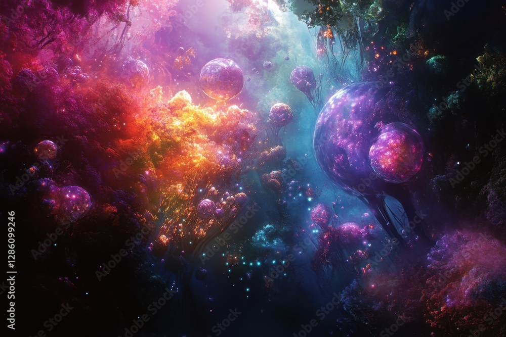 Aufkleber exploring a vibrant cosmic landscape teeming with colorful orbs and otherworldly flora in a mesmeriz