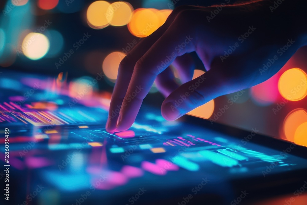 Poster interactive digital interface illuminated by vibrant colors in a modern setting at night. generative