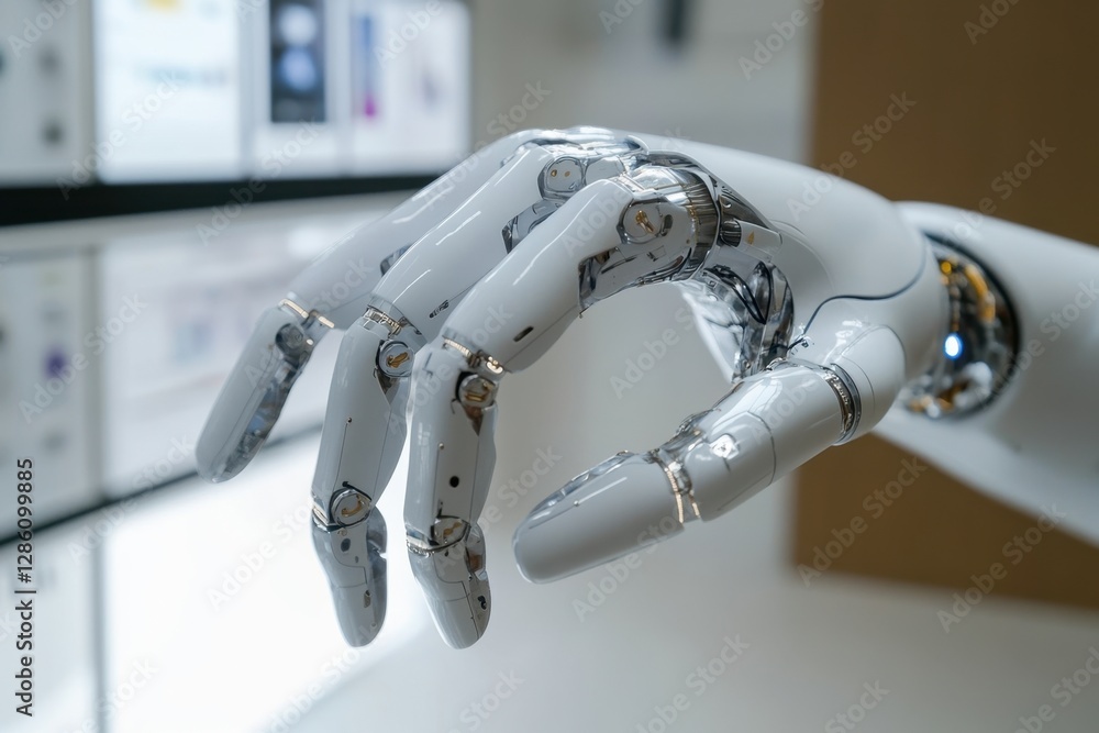 Poster exploring the intricate design and functionality of a robotic hand on display within a modern techno