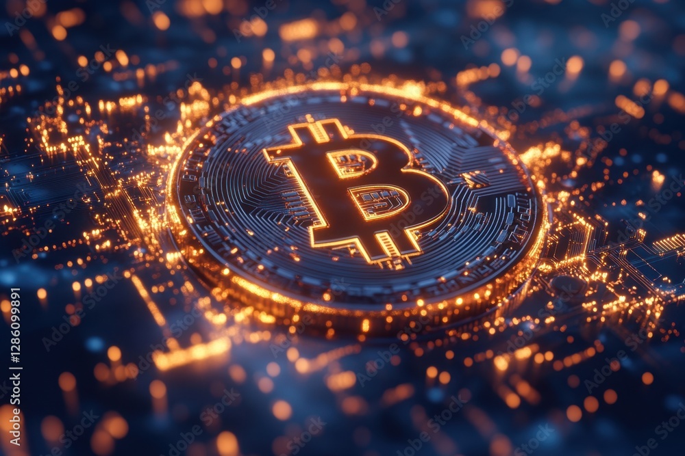 Poster cryptocurrency symbol shines brightly against a digital backdrop of lights and circuits in a futuris
