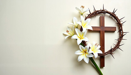 Crown of thorns with white lilies and wooden cross