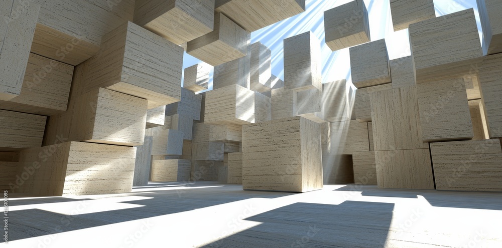 Aufkleber interior space abstraction where sunlight creates shadows on the wall and floor, showcasing geometri