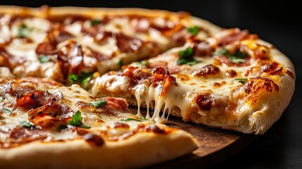 A close-up view of a flavorsome pizza adorned with tasty toppings and melted cheese, capturing the delightful essence of shared meals and culinary moments.