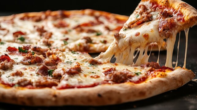 A mouthwatering slice of pepperoni and sausage pizza, showcasing melted cheese, fresh toppings, and a crispy crust, perfect for pizza lovers and food enthusiasts.