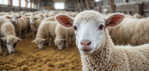 Obraz premium Inside a spacious barn, a group of sheep grazes on hay while a young lamb stands out, gazing curiously at the observer. The warm lighting creates a peaceful atmosphere