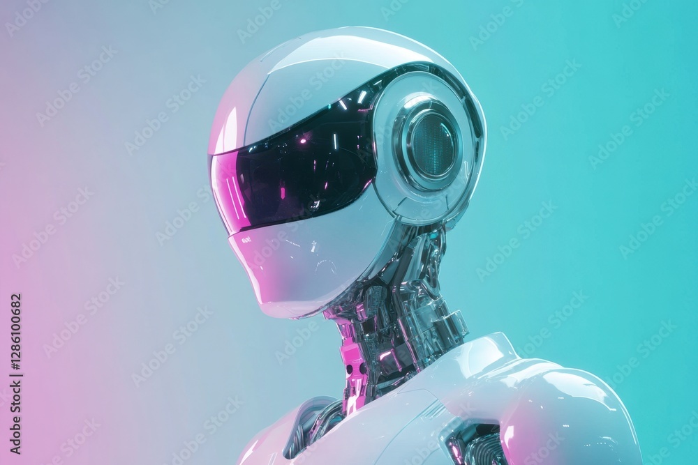 Poster futuristic robot design showcases glossy finish and sleek lines against a colorful backdrop in an im